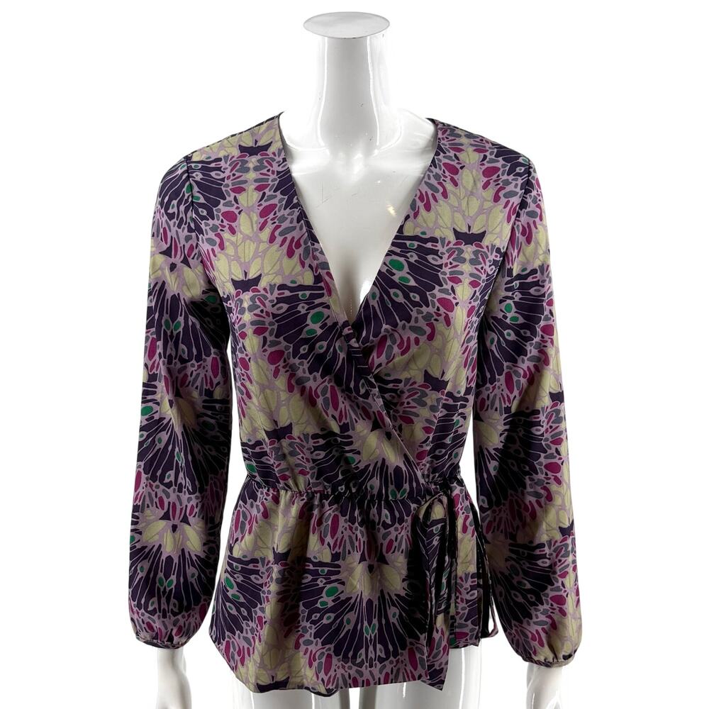 Banana Republic Wrap Top Blouse Size Small Purple Green Printed Tie Waist